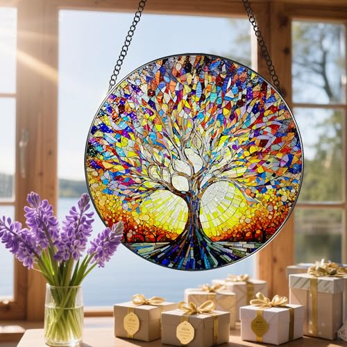 Stained Glass Window Hanging, 8 in Tree of Life Sun Catchers Indoor Window, Stained Glass Suncatcher, Gifts for Women, Her, Wife, Friend and Mom for Mother's Day, Christmas, Birthday - color: Tree of Life