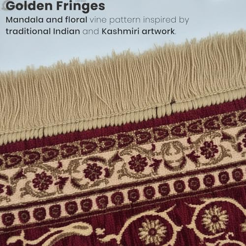 Soft Chenille Prayer Mat | Traditional Mandala Floral Pooja Aasan with Golden Fringes | Multipurpose Square Rug for Meditation, Yoga, Puja Room & Home (Red, 2x2 Feet)