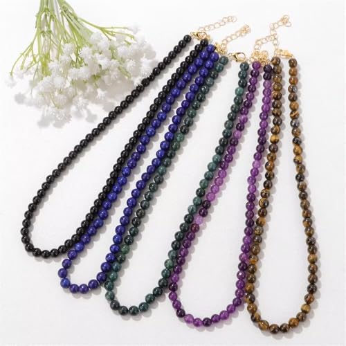 Healing Crystal Necklace for Women Men Colorful 6mm Natural Stone Beaded Choker Gemstone Necklaces with Card Handmade Reiki Spiritual Jewelry Gift - color: Amethyst
