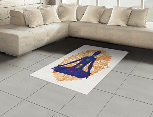 Lunarable Colorful Area Rug, Silhouette of a Body in Yoga Lotus Position with Meditation Yoga Pattern, Flat Woven Accent Rug for Living Room Bedroom Dining Room, 4' X 5' 7", Blue Orange