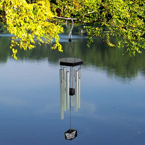 FONMY Wind Chimes Outdoor w/Butterfly Sign Memorial Windchimes Great Wind Chime Gifts Soothing Melodic Tones & Bamboo/Aluminum Chime for Garden Home or Yard-31 Length Silver Chimes Hanging Decor.