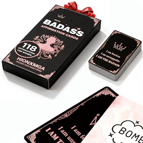 HIONXMGA Badass Affirmation Cards for Women, 60 Double Sided Inspirational and Motivational Cards, 118 Unique Positive Quotes for Daily Self Care, Empowering Gifts for Women, Friends & Coworkers