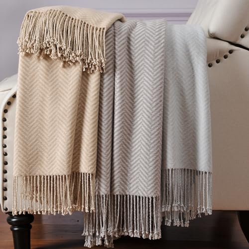 CUDDLE DREAMS Silk Throw Blanket with Hand-Knotted Fringe, Natural, Soft & Breathable (Herringbone-Taupe) - color: Herringbone-taupe