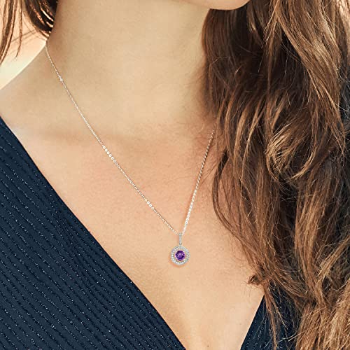 Gem Stone King Halo Necklace For Women | 925 Sterling Silver | 6MM Round Gemstone Birthstone and White Moissanite Pendant Necklace | With 18 Inch Chain