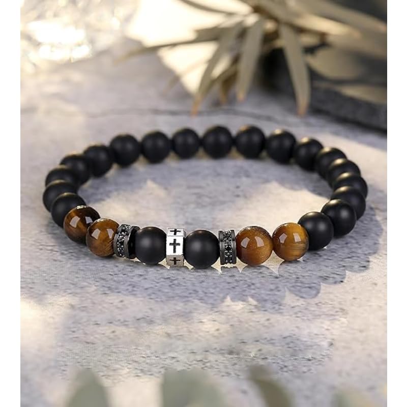 Healing Beads Bracelets for Women Men, Adjustable Natural Stone Beaded Bracelet Stackable Chain Stretch Jewelry Gifts - color: Black-2