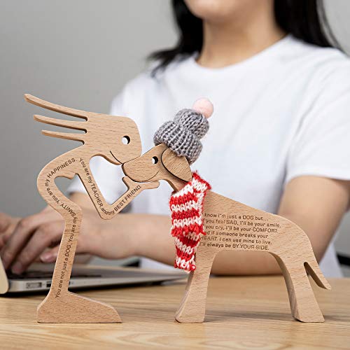 Custom Wooden Sculpture Name Engraved Human and Dog Statues - color: Custom Human and Dog
