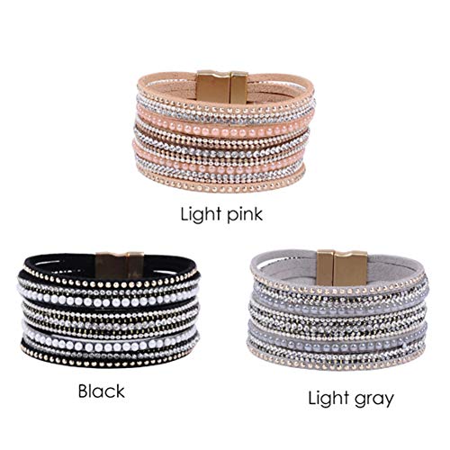Artilady Leather Wrap Bracelets for Women - Pearl Bracelets Handmade Clasp Bangle Bracelet with Beads Jewelry Gift for Women and Mother - style: Shining Pink