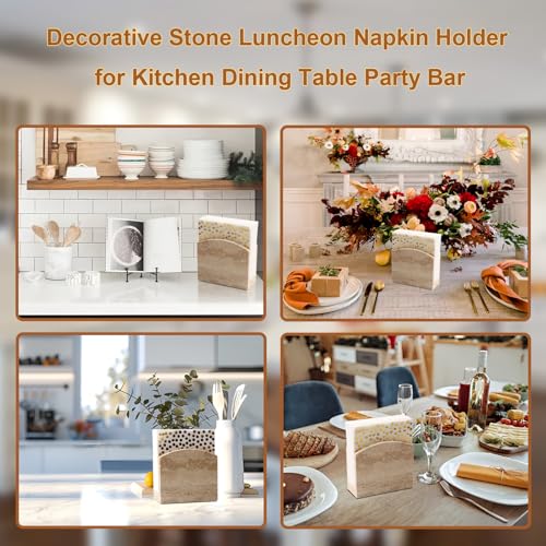 Travertine Stone Napkin Holder,Standing Napkin Holders Fit for 6.5”x6.5” Luncheon-Sized Napkins,Stone Napkin Holder for Table Kitchen Counter Dining Room Party Bar Decor,Beige - size: 6.6x5.5 Inch