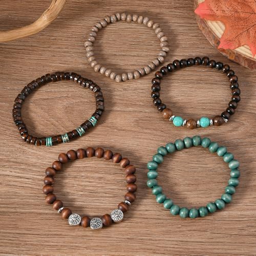 Boho Beaded Bracelet Set for Women Men Tree of Life Wood & Stone Stretch Bracelets Stackable Adjustable Unisex Jewelry Gift