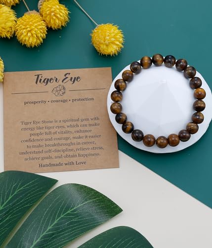 BOMAIL Natural Stone Bracelet for Women Men - 8MM Semi-Precious Gemstone Beaded Bracelet Healing Crystal Stretch Bracelet Yoga Bracelets Jewelry - color: Tiger Eye Stone