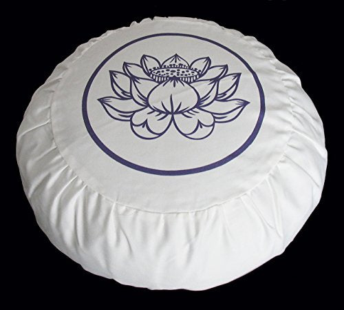 Meditation Pillow Zafu Cushion Lotus Enlightenment and Other Symbols - color: Lotus Ivory/Purple