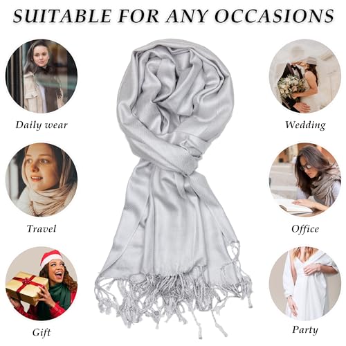 Achillea Lightweight Pashmina Scarf for Women – Soft Silky Shawl Wrap for Evening Dresses, Bridesmaids & Everyday Wear - color: Silver Grey