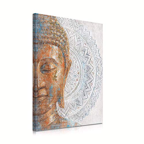 B BLINGBLING Gold Buddha Canvas Wall Art: 3D Mandala Flower Blossom Buddha Painting with Gold Foil Reproduction Print on Blue Canvas Wrapped and Ready for Hang 24"x32" - color: Buddha with Mandala, size: 24"x32"x1