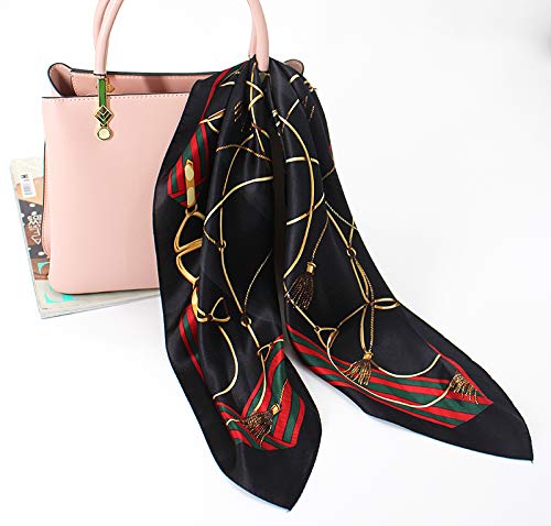 ANDANTINO 100% Mulberry Silk Scarf -21” Lightweight Square Neckerchief – Breathable Digital Printed Scarves with Gift Packed - color: Black & Red