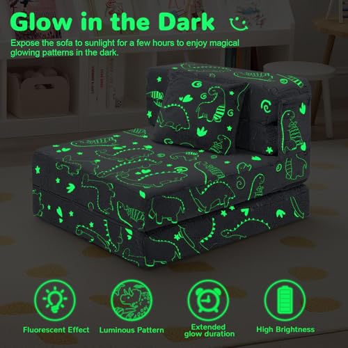 MeMoreCool Kids Floor Mattress Glow in The Dark, Convertible Sofa Couch, Folding Futon Chair Bed for Kids Playroom (Glowing Dinosaur) - color: Dinosaur