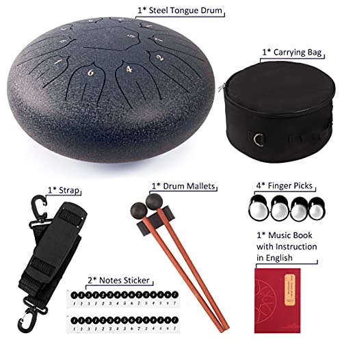 Steel Tongue Drum 12 Inch 11 Notes for Adults - Ethereal Metal Instrument for Meditation & Yoga with Music Book, Mallets & Carry Bag (Navy) - color: Dark Blue