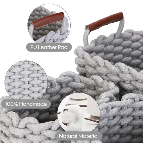 Sea Team 3-Pack Rectangle Woven Cotton Rope Storage Baskets with Handles, Shelf Basket, Closet Organizers, 3-in-1, Gray