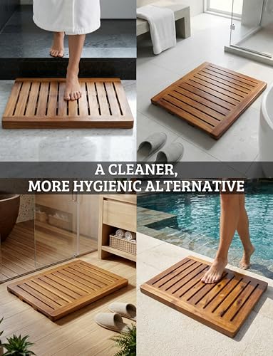 Acacia Wood Shower Mat 24x18 Inches by Demigo, Luxury Bath Mat Non Slip for Bathroom Bathtub Shower Spa Garden Home, Wooden Floor Mat Square Large for Outdoor and Indoor - size: 24" x 18" (Rectangular)