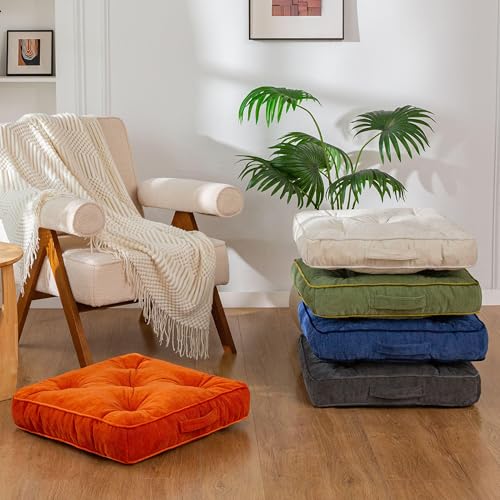 HIGOGOGO Large Floor Pillow Cushion for Adults, Meditation Cushion Pillow with Handle, Lustrous Chenille Tufted, Square Floor Sitting for Tatami Living Room or Yoga, 22x22 Inch, Orange