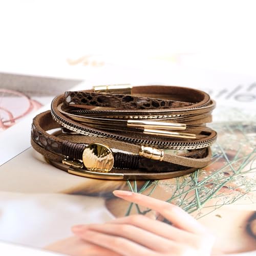 Fesciory Leopard Bracelet for Women, Boho Leather Wrap Multi-Layer Pearl Crystal Bracelet Bangle Jewelry - style: Disc(Brown)-Double Wrap