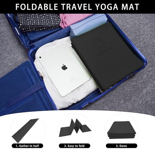 Primasole Folding Yoga Travel Pilates Mat Foldable Easy to Carry to Class Beach Park Tear resistant Travel Picnics 4mm Thick 9 Colors - color: Black