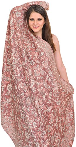 Exotic India Women Reversible Jamawar Wool Shawl with Woven Flowers | Ethnic Beautiful Floral Weave Stole, Dupatta - color: Moonbeam
