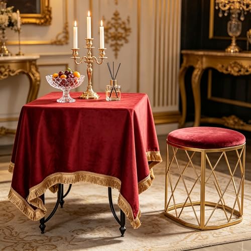 Velvet Tablecloth Luxurious Red Rectangle Table Tablecloth Thickset with Luxurious Gold Tassels Table Cloth for Home Decor Christmas Wedding, Party, Banquet and Events 36X36inch