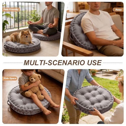 Meditation Floor Pillow, 23.6" Round Thick Cushion with Handle, Velvet Floor Cushion Seat Cushion for Yoga Living Room Tatami, Meditation Cushion for Adults, Light Gray