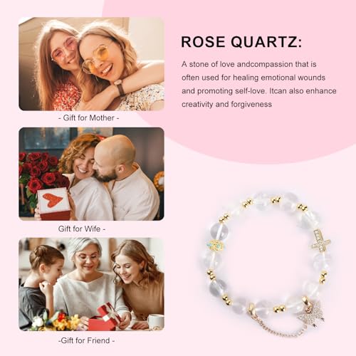 Natural Bead Bracelet 10mm Healing Crystal Bracelet for Women & Men Feng Shui Good Luck Meditation Buddhist Jewelry Handmade Stone Beaded Jewelry for Gift - color: Rose