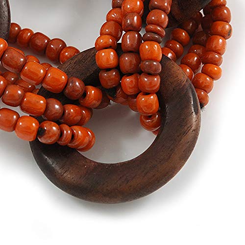 Avalaya Multistrand Dusty Orange Glass Bead with Wooden Rings Flex Bracelet - Medium
