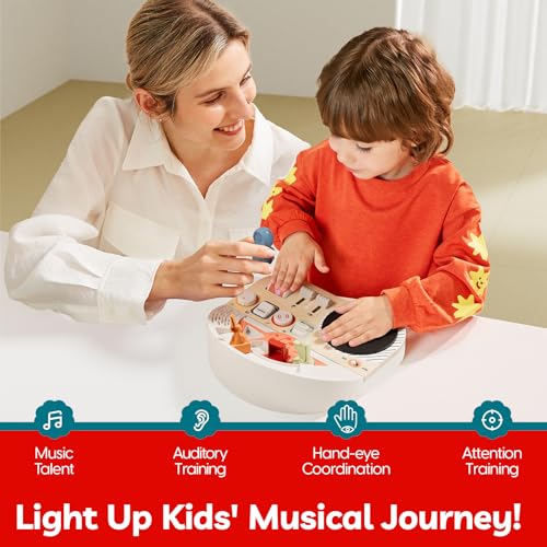 TOP BRIGHT DJ Music Busy Board - Wooden Toddler Toys for Boys and Girls,Montessori Sensory Toy with 14 Activities with Sound Blocks, Portable Travel Toy for 18M+
