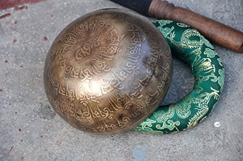 TM THAMELMART FOR BEAUTIFUL MINDS 4" Mantra Carved Buddha Tibetan Singing Bowl, Hand Hammered Nepal Yoga Singing Bowls with Om Tingsha Mallet & Silk Cushion
