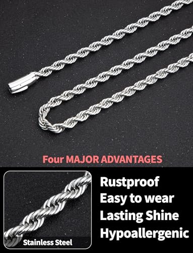 Twist Chain Necklace 2/3/5/8MM Braided Rope Chain Necklace for Men Stainless Steel Rope Jewelry for Men & Women Rope Chain for Pendant 18/20/22/24 Inch with Delicate Gift Box - size: 18 inches, style: 3mm width-steel
