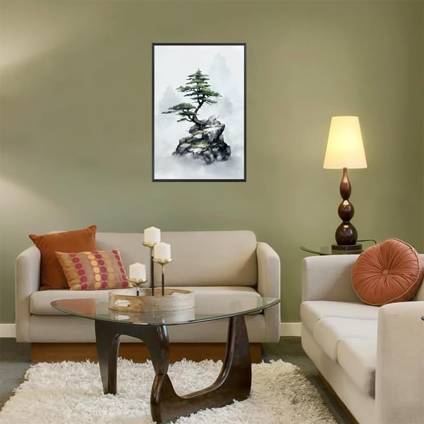 Japan Zen Canvas Wall Art Misty Pine Tree Meditation Poster Japanese Mountain Top Bonsai Peaceful Aesthetic Prints Painting For Spa Yoga Bedroom Wall Decor 12x16in Unframed