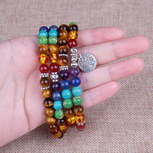 108 Mala Beads Necklace 7 Chakra Tree of Life Pendant Prayer Buddha Bracelets Healing Stone Yoga Men Women Jewelry - color: Praye Tiger Eye
