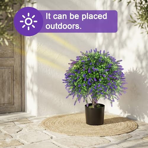 2 Pcs Artificial Lavender Topiary Ball Trees Potted Plants, UV Resistant Fake Lavender Topiary Plant Purple Trees for Garden, Front Door Porch and Outdoor Decor (Purple, M)