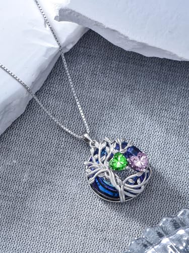 TOUPOP s925 Sterling Silver Family Celtic Tree of Life Pendant Necklaces with 2 Heart Birthstone with Blue Austrian Crystal Jewelry Birthday Valentines Day Gifts for Her, Anniversary Christmas Gifts for Wife Girlfriend Mom (18K Real White Gold Filled) - c