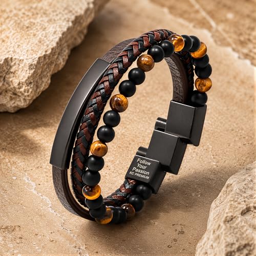 Premium Men’s Bracelet | Leather Bracelet for Men | Beaded Bracelets Black Onyx & Tiger-Eye Beads | Brown Leather Jewelry with Adjustable Stainless-Steel Clasp | Gift Dad Husband Son Boyfriend - color: Brown/Black