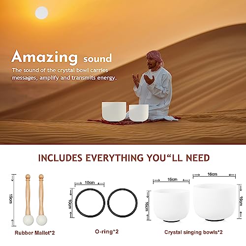 Couple of 2 PCS Crystal Singing Bowl Set, 8" F note Heart Chakra and 10" C note Root Chakra, Sound Bowl Meditation Set for Healing with Carry Case Bag.