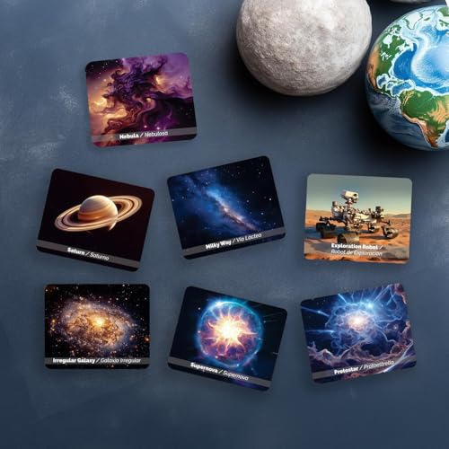 Menique Universe Memory Matching Game – 60 Cards (30 Pairs) – Bilingual Space Game with Planets, Stars & More – Educational for Kids and Adults - style: Universe
