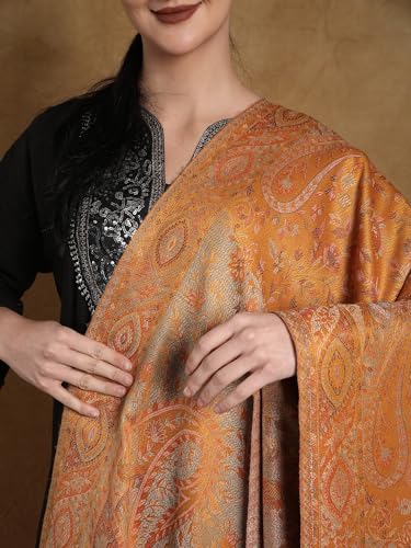 Exotic India Reversible Jamawar Shawl with Woven Paisleys - Wool - color: Golden Orange