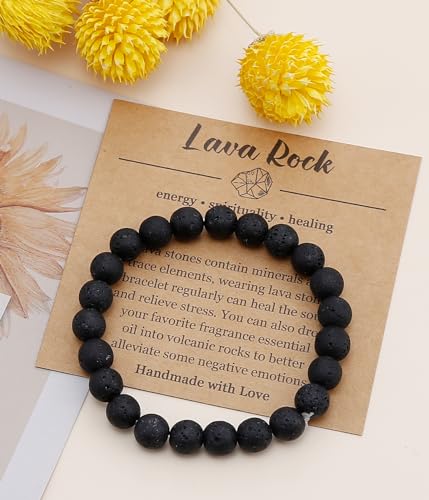 BOMAIL Natural Stone Bracelet for Women Men - 8MM Semi-Precious Gemstone Beaded Bracelet Healing Crystal Stretch Bracelet Yoga Bracelets Jewelry - color: Lava Rock