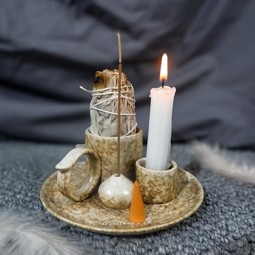 MOUGIGI 5.1Inch 5-in-1 Ceramic Smudge Bowl Brown - Incense Stick Holder, Small Candle Holder, Smudge Bowl/Dish, Fits Palo Santo, Sage.Zen Altar for Meditation/Yoga, Aromatic Scents, Easy to Clean - color: Multifunctional Palo Plate-brown