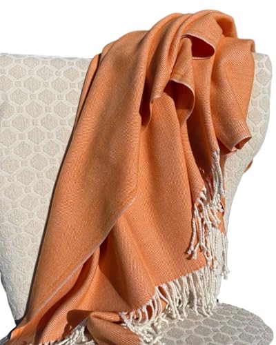 Cotton Acrylic Adirondack Herringbone Woven Throw (Orange Peel) - color: Orange Peel