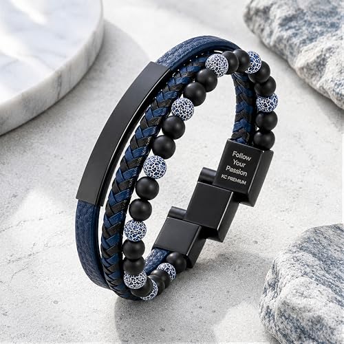 Premium Men’s Bracelet | Leather Bracelet for Men | Beaded Bracelets Black Onyx & Tiger-Eye Beads | Brown Leather Jewelry with Adjustable Stainless-Steel Clasp | Gift Dad Husband Son Boyfriend - color: Blue/Black