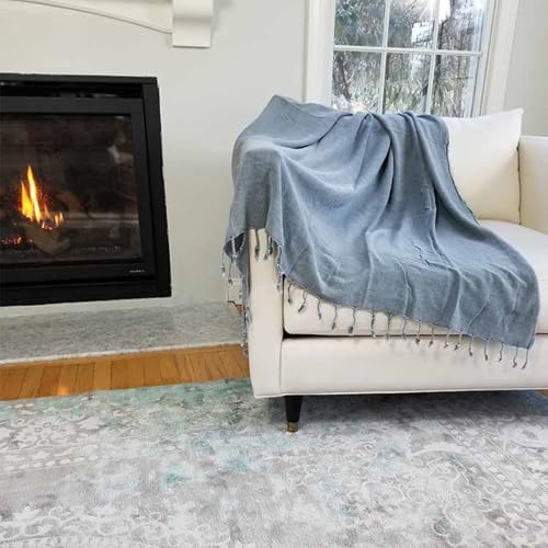 Stonewashed Turkish Throw Blanket - 100% Organic Turkish Cotton - 80" x 48" - Soft, Lightweight, Cozy - for Love Seat, Sofa, Picnic, Yoga - Sand Free Absorbent Beach Blanket - Denim - color: Large Denim (80" X 48")