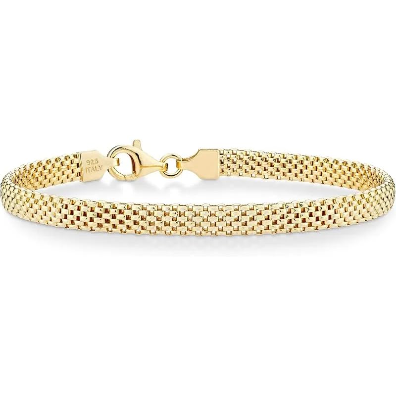 Hypoallergenic 18K Gold Plated 925 Silver 5mm Mesh Bracelet, Women Classic Stackable Minimalist Gift - color: Length 7 Inches