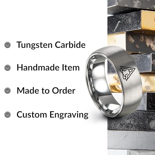 Gift for Yoga Fan - Yoga Meditation Ring - Flat Dome Bevel - Band - Men Women - Brushed Polished - Tungsten - Personalized Custom Engraving - 8mm - Anniversary Wedding - Yellow Rose Gold Silver - color: 01 - Grey Tungsten