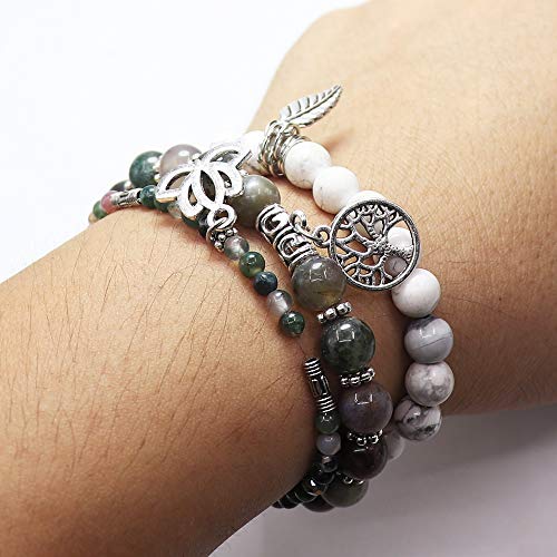 Tree of Life Yoga Healing Stone Bracelets,Multilayer Lotus Chakra Stone Reiki Bracelet Sets,Anxiety Crystal Natural Stone,for Women Stress Relief - style: Indian agate + white turquoise