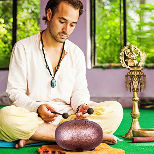 Pyle Steel Handpan Mini Tongue Drum - 8 Inch Hanging Intuitive Musical Instrument for Hand Percussion Beat - Meditating & Calming Music Includes Mallet Stick Rubber Ball on The Head & Bag Set - color: Light brown